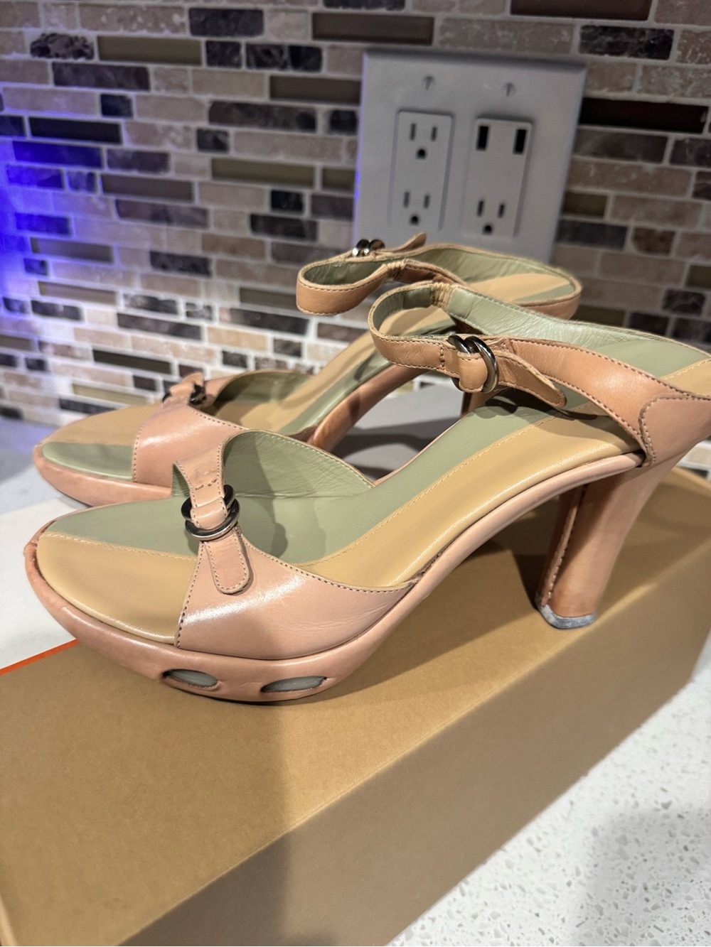 Cole Haan Size 6 Nude Tan Platform Sandals with Ankle Strap